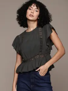 MANGO Flutter Sleeves Lace Inserts Cotton Top