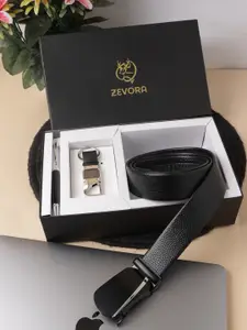 ZEVORA Men Leather Belt With Keychain & Pen