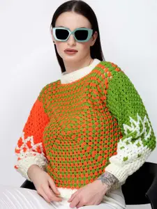 Velvery Self Design Crochet Knitted Acrylic Sweater