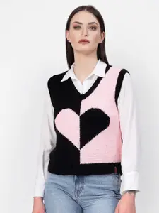 Velvery Heart Design V-Neck Knitted Acrylic Sweater Vest