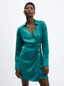 MANGO Satin Finish Wrap Mini Dress
