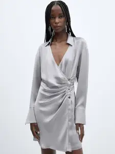 MANGO Satin Finish Wrap Mini Dress