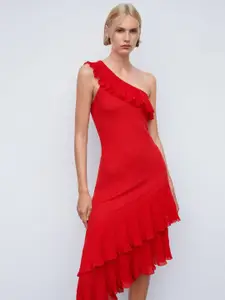MANGO One Shoulder Ruffled A-Line Dress