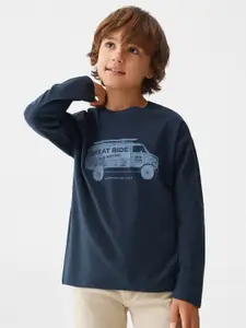 Mango Kids Boys Printed Drop-Shoulder Sleeves Pure Cotton T-shirt