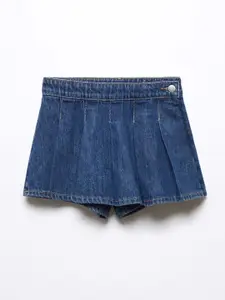 Mango Kids Girls Mid-Rise Washed Effect Pleated Detail Pure Cotton Denim Skorts