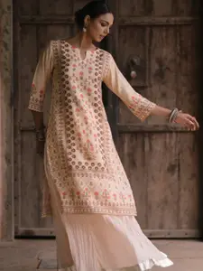 anayna Women Floral Printed Regular Sequinned Kurta with Skirt