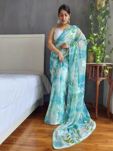 Anouk Teal Floral Printed Beads and Stones Saree