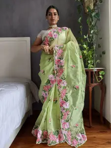 Anouk Green & Pink Floral Embroidered Organza Saree
