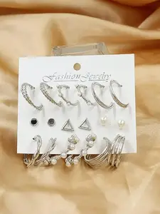 KRYSTALZ Set Of 9 Silver-Plated Beaded Earrings