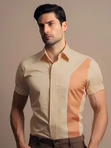 HE SPOKE Modern Tailored Fit Colourblocked Twill Weave Pure Cotton Formal Shirt