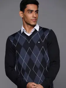 Louis Philippe Argyle Checked V-Neck Pullover