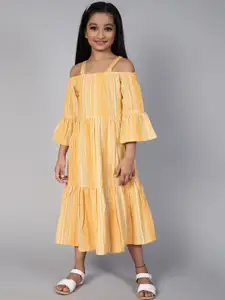 Aks Kids Striped Off-Shoulder Bell Sleeve Gathered or Pleated A-Line Cotton Midi Dress