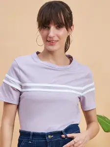 MINT STREET Women Lavender Striped Extended Sleeves Pockets T-shirt