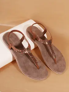 Anouk Brown & Gold-Toned Embellished T-Strap Flats