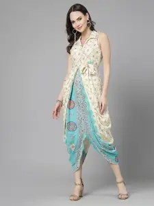 Ramas Ethnic Motifs Printed Shirt Collar Dhoti Styled Midi Dress