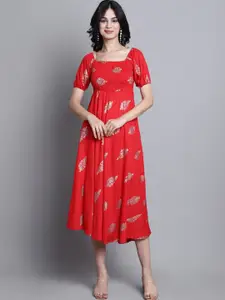 Aawari Ethnic Motif Printed Square Neck Smocked Puff Sleeve Midi Ethnic Dress