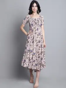 Aawari Floral Printed Square Neck Puff Sleeve Smocked Fit & Flare Midi Dress