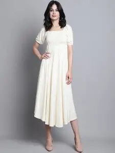 Aawari Smocked Detailed Square Neck Puff Sleeves A-Line Midi Dress