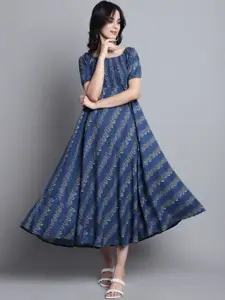Aawari Ethnic Motifs Printed Smocked Detailed Square Neck puff Sleeves A-Line Midi Dress