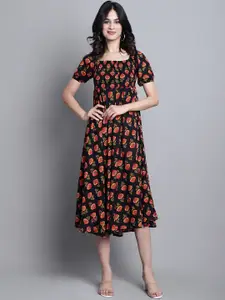 Aawari Floral Printed Smocked Detailed Square Neck Puff Sleeves A-Line Midi Dress