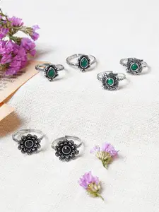 TEEJH Set Of 3 Oxidised Silver Plated Stone Studded Toe Rings