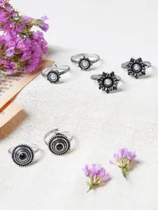 TEEJH Set Of 3 Oxidised Silver-Plated Stone-Studded Toe Rings