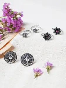 TEEJH Set Of 3 Silver Plated Stone Studded Toe Rings
