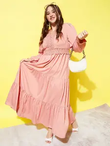 Berrylush Curve Plus Size Pink V-Neck Lace Insert Tiered Maxi Dress