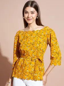DressBerry Yellow Floral Printed Boat Neck Cinched Waist Top
