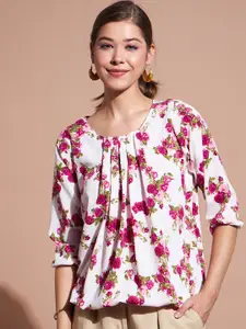 DressBerry White & Pink Floral Printed Puff Sleeves Top