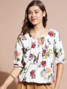 DressBerry White & Pink Floral Printed Puff Sleeves Pleated Top