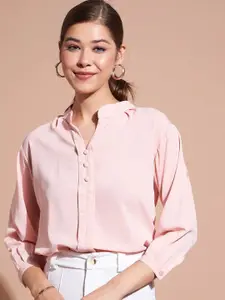 DressBerry Pink Mandarin Collar Cuffed Sleeves Shirt Style Top