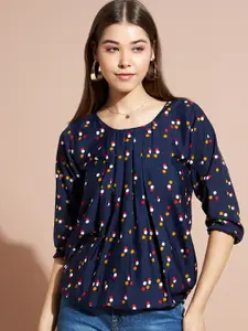 DressBerry Navy Blue Polka Dots Printed Puff Sleeves Top