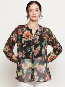 Ruhaans Classic Floral Printed Mandarin Collar Casual Shirt