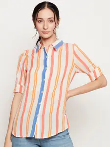 Ruhaans Classic Vertical Striped Spread Collar Roll-Up Sleeves Cotton Casual Shirt