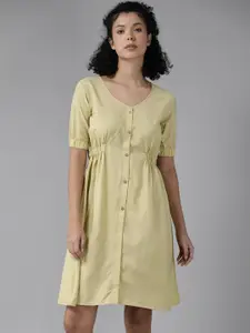 Roadster Puff Sleeves Crepe Fit & Flare Dress