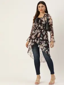 ROVING MODE Floral Printed Longline Button Shrug with Ruffles