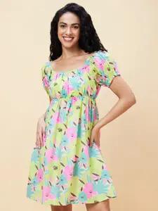 Globus Green Floral Printed Square Neck Gathered Cotton Fit And Flare Dress
