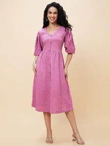 Globus Lavender Self Design V-Neck Smocked Fit and Flare Midi Dress