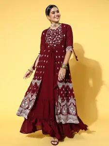 Sangria Ethnic Motifs Embroidered Layered Georgette Maxi Ethnic Dress