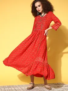 Sangria Red Ethnic Motifs Printed Embellished A-Line Maxi Ethnic Dress