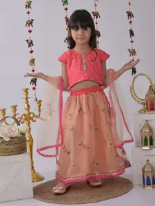 Here&Now X Kinder Kids Girls Embroidered Thread Work Ready to Wear Lehenga & Blouse With Dupatta