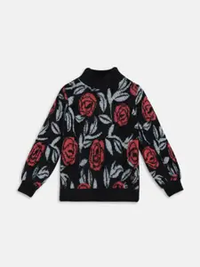 Blue Giraffe Girls Mock Collar Floral Pullover