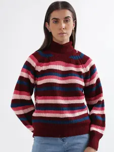 ELLE Striped Turtle Neck Long Sleeve Acrylic Pullover Sweater