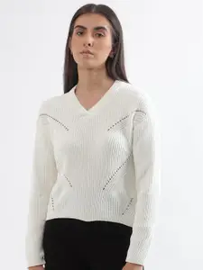 ELLE Self Design V-Neck Long Sleeve Pullover Sweater