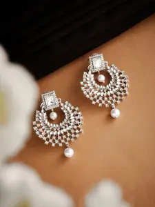 ATIBELLE Silver Plated Artificial Stones Contemporary Chandbalis With Pearl Drop Earrings