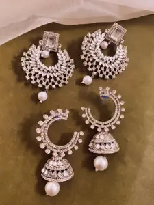 ATIBELLE Set Of 2 Silver Plated Studded With Pearl Contemporary Chandbalis  Earrings