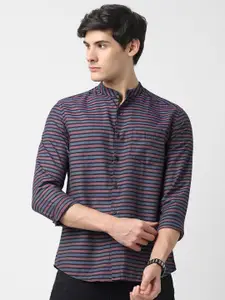 VASTRADO Horizontal Stripes Mandarin Collar Casual Shirt