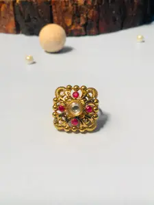 ABDESIGNS Gold-Plated Artificial Stones and Beads-Studded Adjustable Finger Ring
