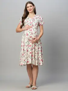 MomToBe Floral Printed Puff Sleeve Maternity A-Line Dress
